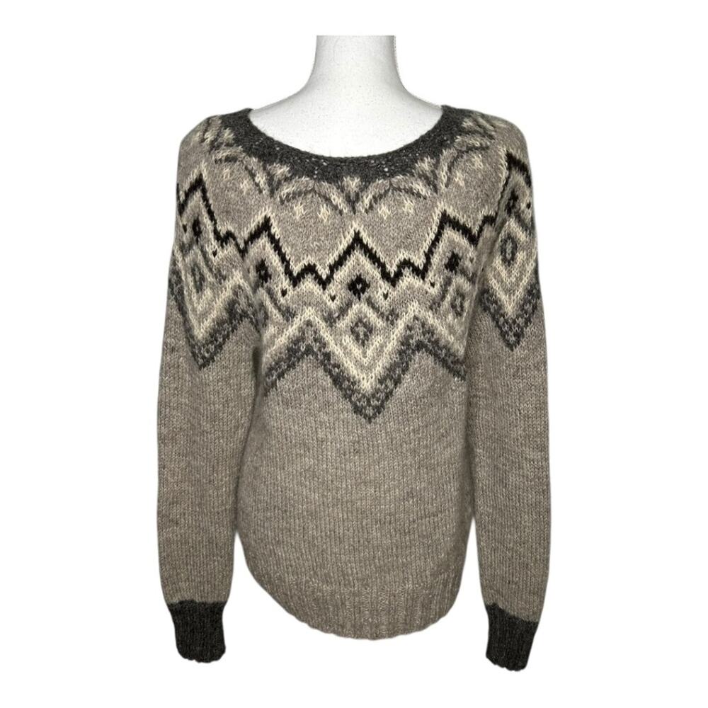 The Handknitting Association Of Iceland Pure Wool Sweater Tan Grey Cream Small